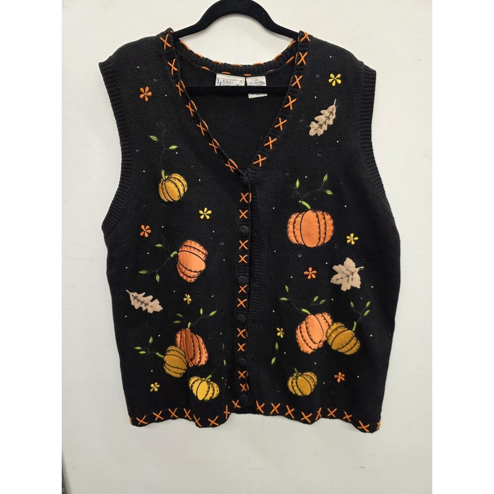 Vintage 90s Basic Editions 2X Halloween Black Sweater Vest Fall Pumpkins - Picture 9 of 9